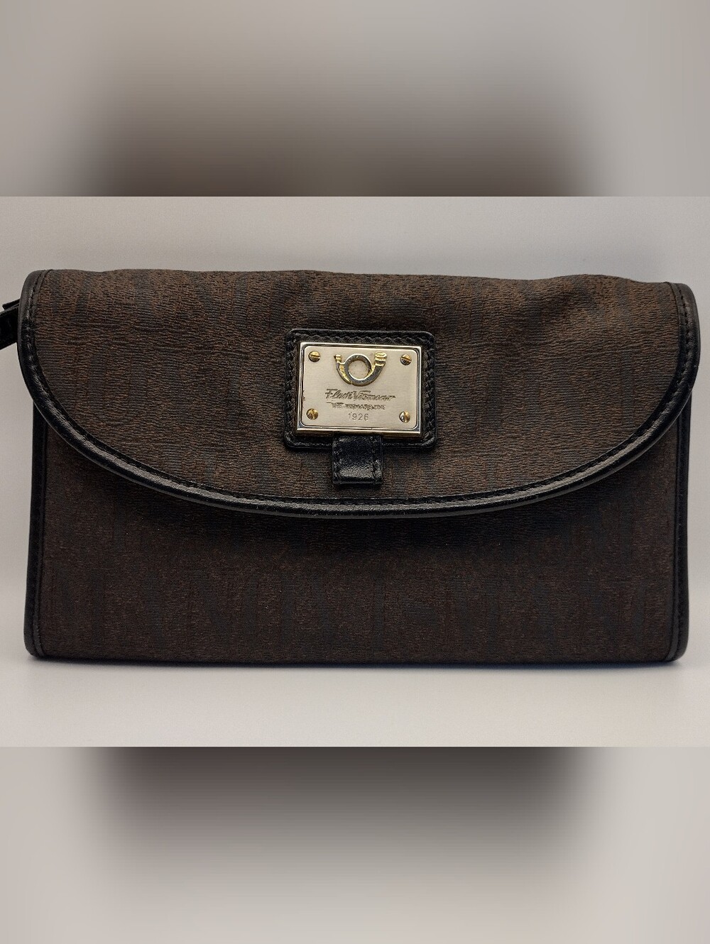Flavi Vismano Brown Monogram Canvas Leather Shoulder Clutch Bag Italy Vintage
